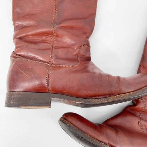 Frye Melissa Button Lug Tall Boots Shoes Sz 8 Cognac Brown Leather Low Heel Fall - Picture 12 of 13